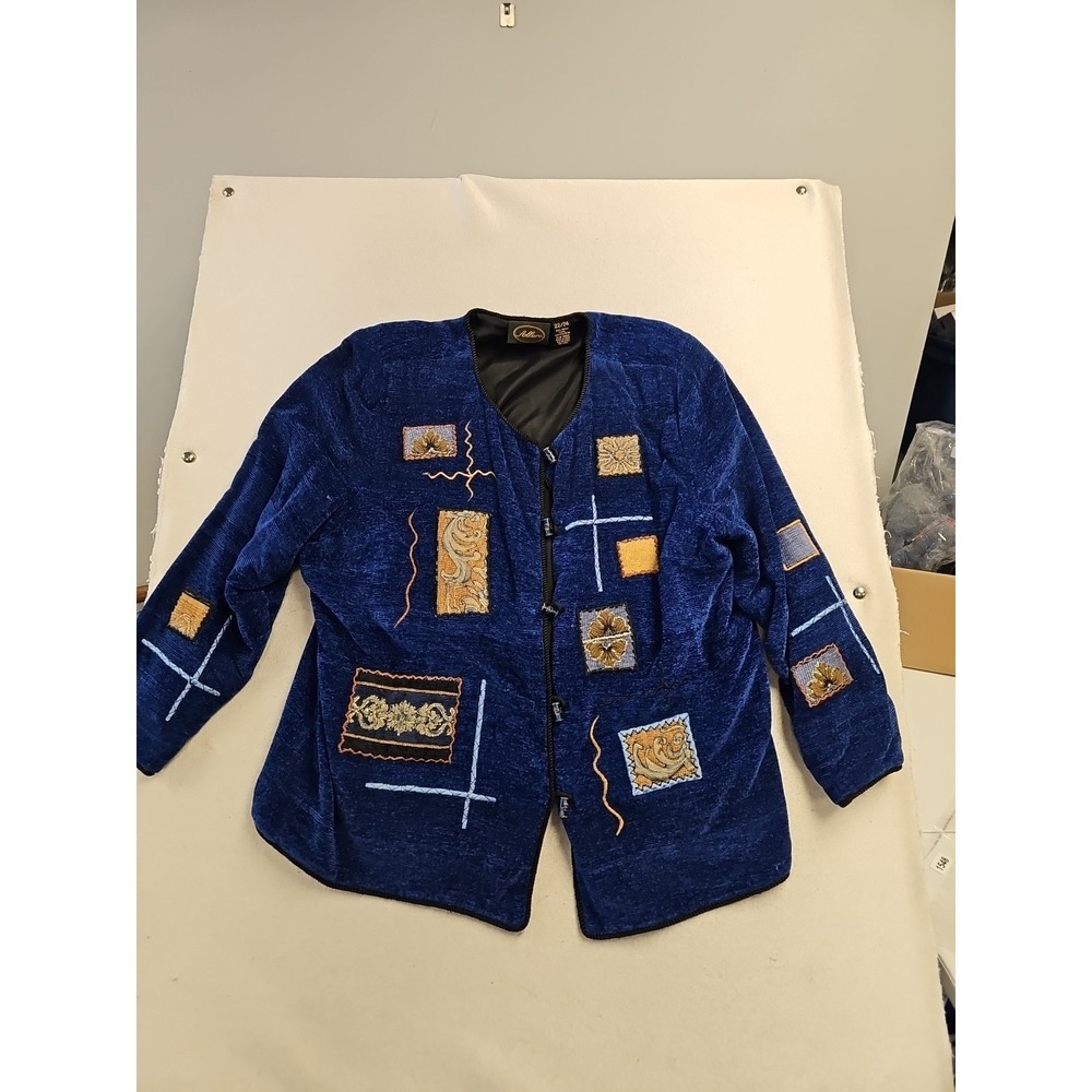 Allure Blue Chenille Embroidered Patchwork Toggle Jacket Plus Size 22/24 Vintage